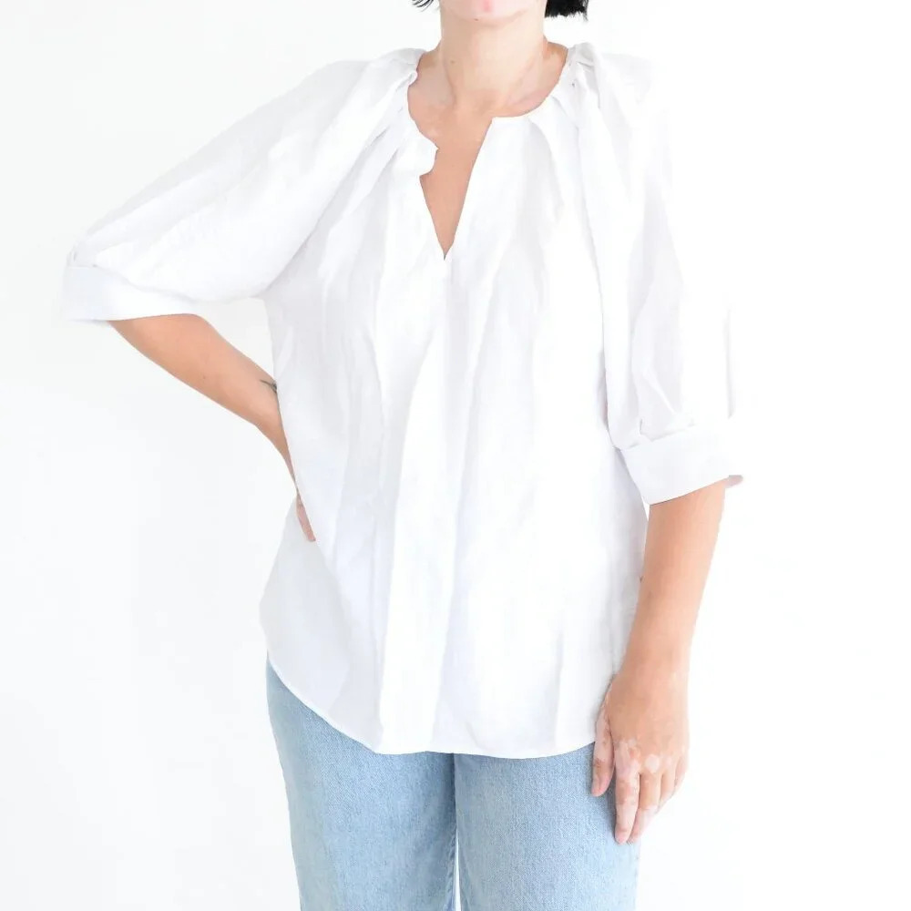 Soft Surroundings White Solid Romantic Boho Cuffed Sleeve Boho Romantic Blouse S